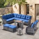 HUMMUH 8 Pieces Outdoor Patio Furniture Set with Fire Pit,L-Shaped Modular Sectional Couches with Swivel Patio Chairs,Wicker Conversation Set for Deck,Backyard,Porch,Garden