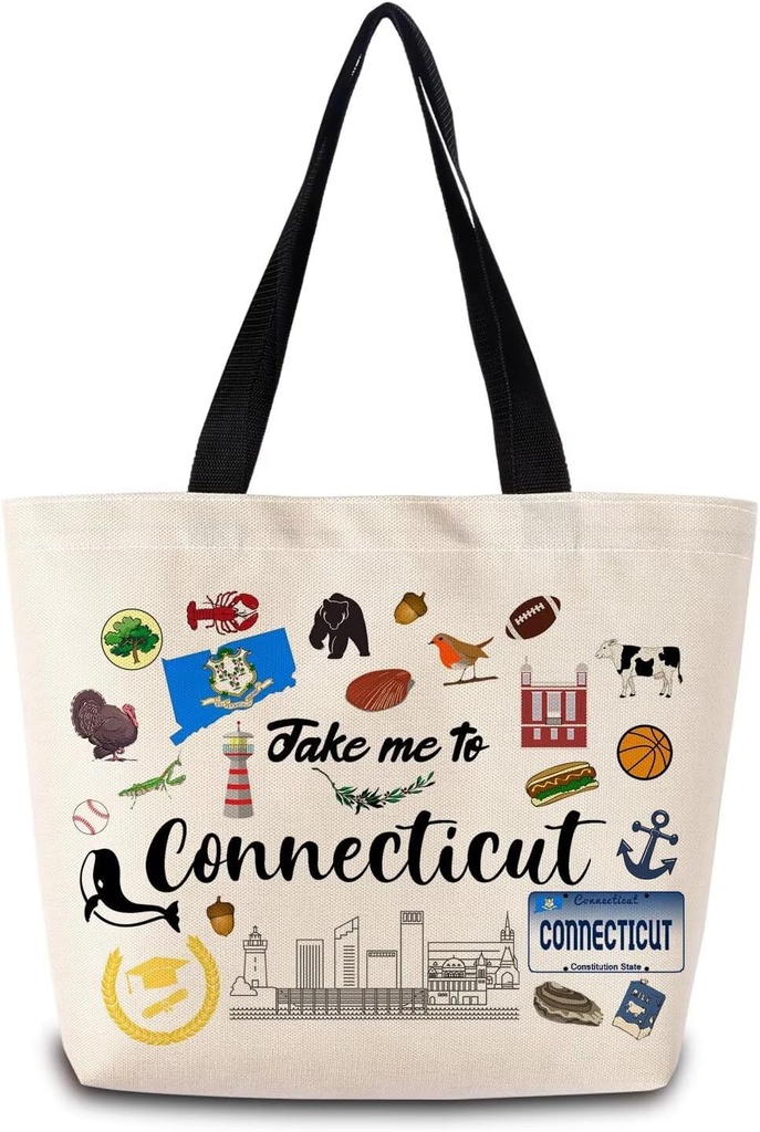 Take Me To Connecticut Tote Bag Reusable Grocery Bags Aesthetic Shopping Shoulder Handbag with Interior Pocket Lightweight & Washable Stylish Connecticut Travel Present for Women