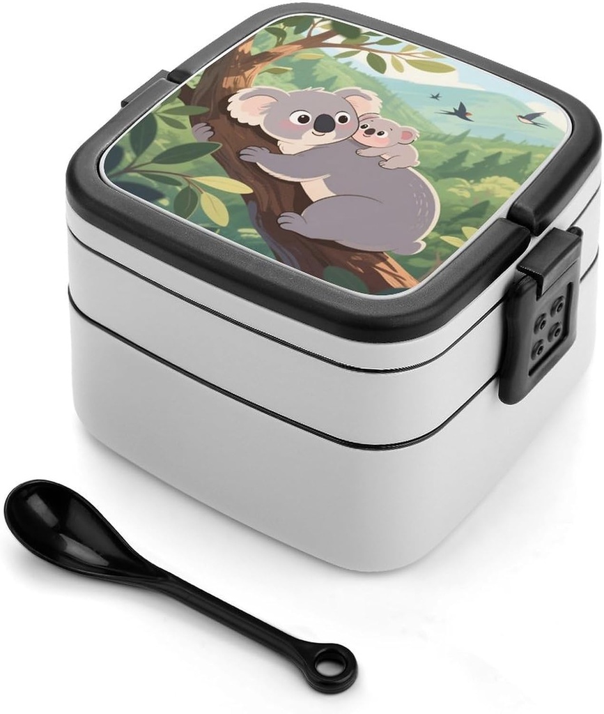 Lovely Koala Bento Box 1000ml Leak Proof Lunch Container with Removable Dividers & Spoon - BPA-Free PP Stackable Lunch Box for Work, Office, Picnic, Travel, Dining Out