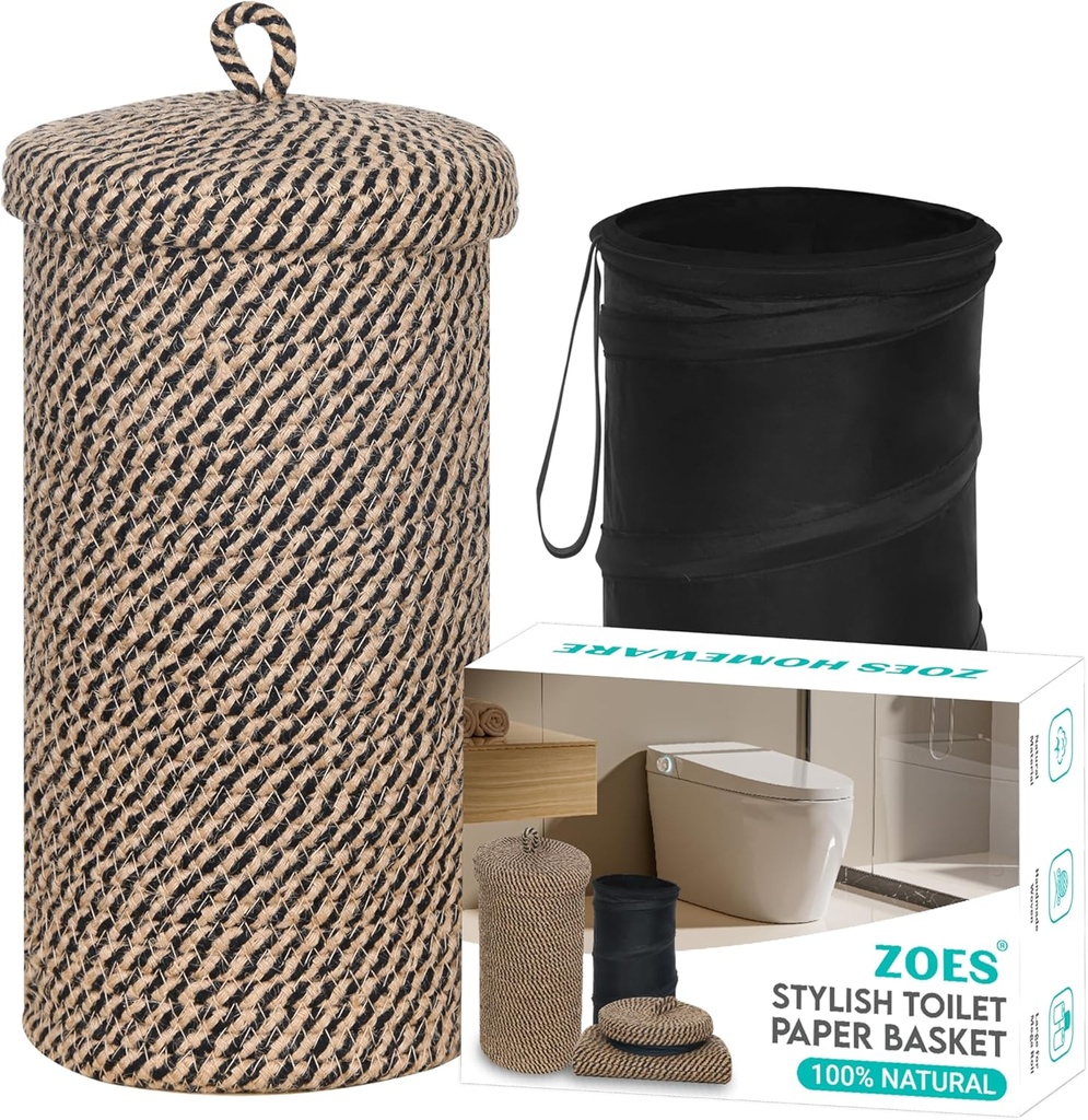 Jute Toilet Paper Storage Basket with Lid,Bathroom Toilet Paper Holder Stand for 3 Mega Rolls,Tissue Holder for Bathroom with Removable Waterproof Insert, 7"x7"x13.5"
