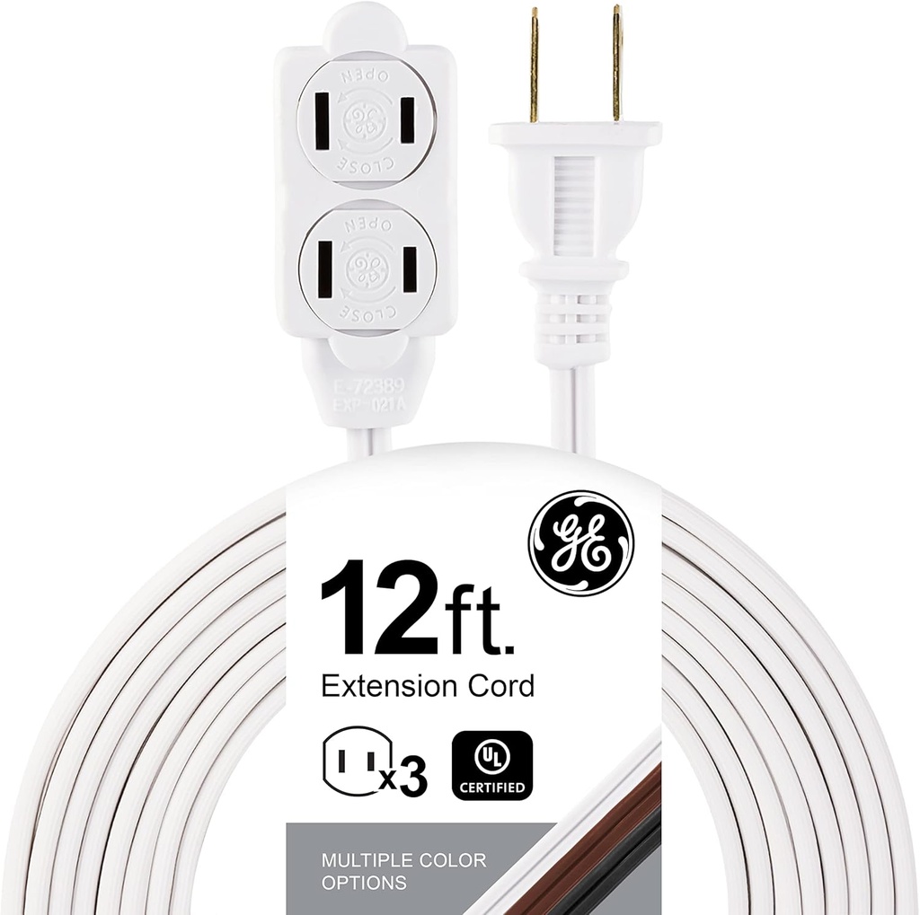 GE 51954 3-Outlet Extension Cord 12 Ft Power Strip 2 Prong White