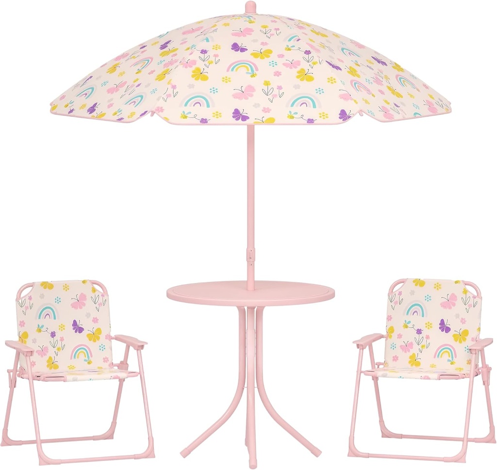 Qaba Kids Picnic Table and Chair Set, Outdoor Activity Table with Foldable Chairs, Removable Umbrella, Rainbow Pattern Toddler Patio Furniture for Backyard, Garden, Pink