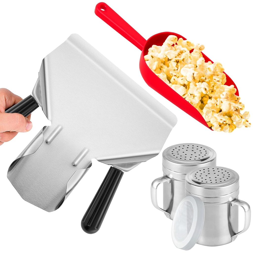 Double Handle Concession Popcorn Scoop + 16 oz Red Popcorn Plastic Scoop + [2-pcs] 10 oz Dredge Shakers Bundle