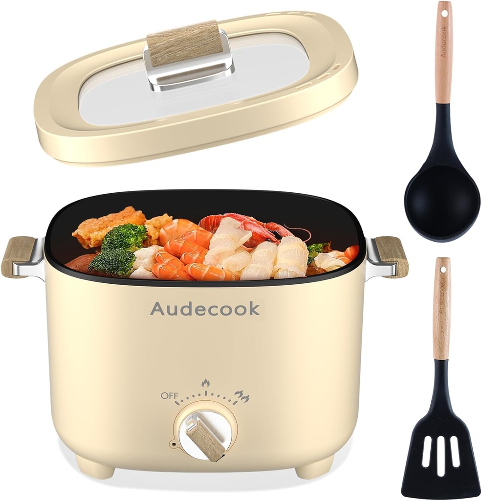 Audecook Hot Pot Electric, 2.5L Portable Nonstick Multicooker, Shabu-Shabu Pot, Travel Electric Skillet with Dual Power Temperature Control for Noodles/Soup/Egg/Steak/Oatmeal/Porridge(Beige)