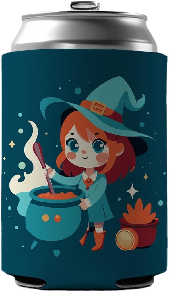 Cute Witch Stirring Cauldron Halloween Can Cooler Beer Soda Drink Insulated Holder Sleeve Hugger