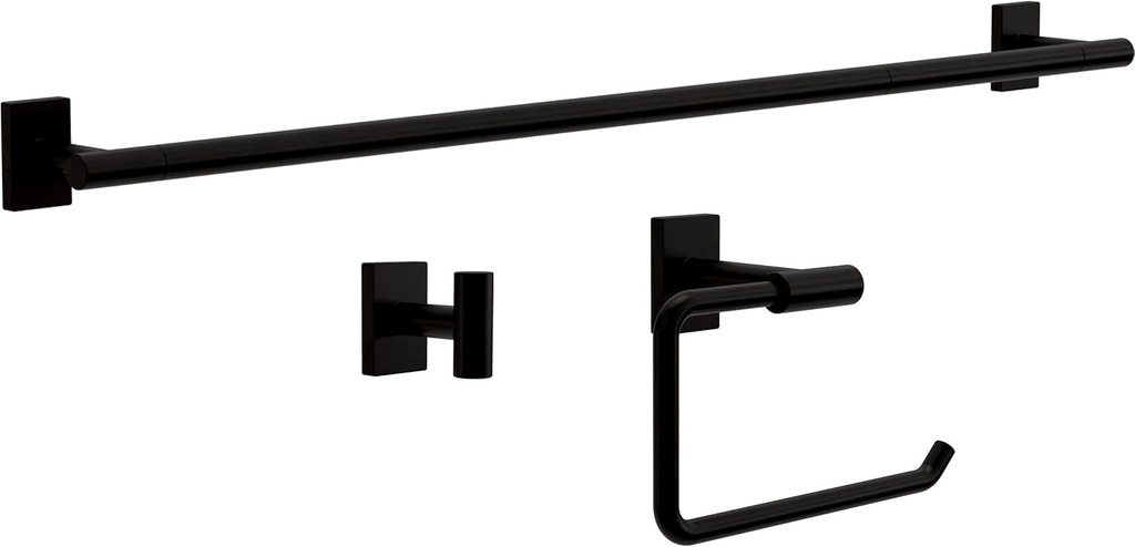 Franklin Brass Hartwell 3-Piece Bathroom Set Matte Black 18" + 6" Towel Rack, Toilet Paper Holder/Hand Towel Holder, Hook | 3-Piece Bath Hardware Accessories Set HRT63-MB