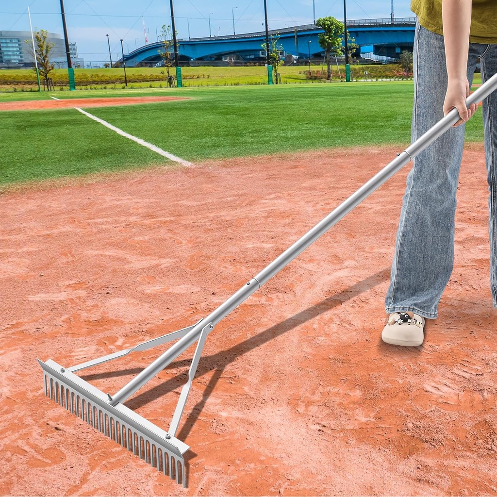 Aluminum Maintenance Rake 24 Inch Baseball Field Garden Landscape Rake with 66''-98'' Adjustable Handle for Yard Lawns Lake Weed Care Gardening Loosening Soil