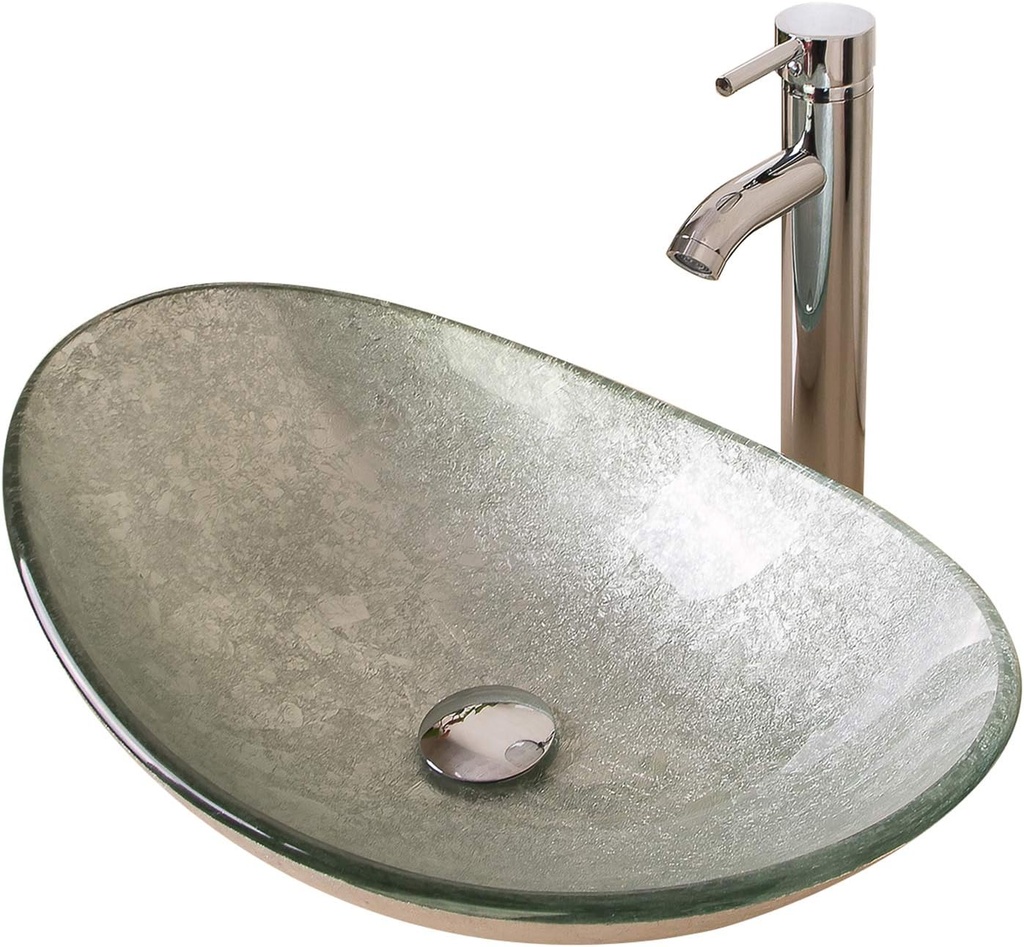 21.7"L × 14.2"W × 6.3"H Tempered Glass Vessel Sink Set – Boat-Shaped Wash Bowl with Chrome Faucet & Pop-Up Drain Stopper