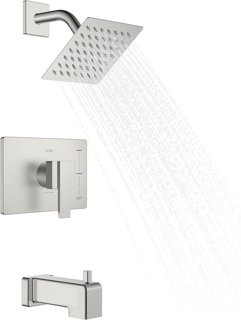 KENES Tub Shower Faucet Set Complete, Brushed Nickel Tub and Shower Trim Kit with 6-Inch Rain Shower Head, Square Shower System, KE-6025A (Shower Valve Included)