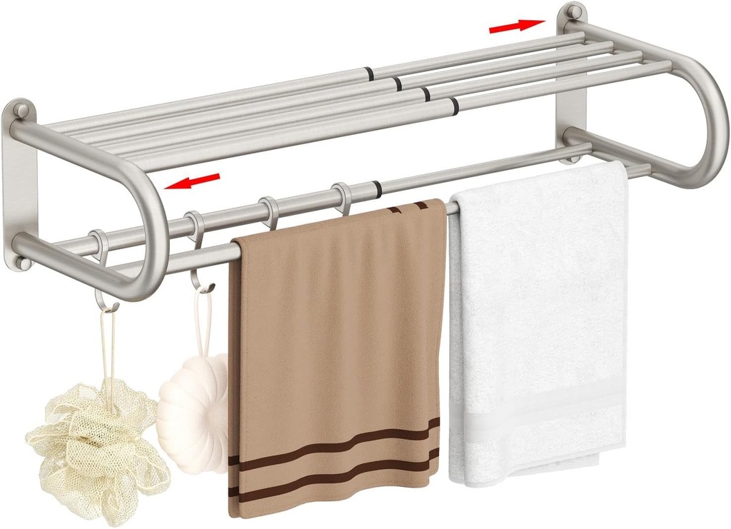 BESy Adjustable 15-25 Inch Towel Rack with Shelf for Bathroom and Lavatory Towel Shelf Double Towel Bar Rod 4 Hooks Wall Mount Multifunction Towel Holder Hotel Style Stainless Steel Brushed Nickel