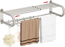 BESy Adjustable 15-25 Inch Towel Rack with Shelf for Bathroom and Lavatory Towel Shelf Double Towel Bar Rod 4 Hooks Wall Mount Multifunction Towel Holder Hotel Style Stainless Steel Brushed Nickel
