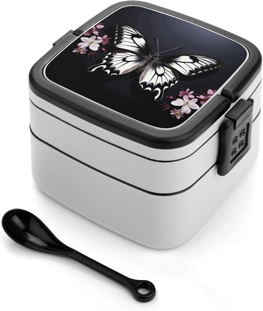 Black White Butterfly Bento Box for Adults Double Layer Lunch Box with Spoon And Invisible Handle Microwave Dishwasher Safe Leak Proof Meal Prep Lunch Containers for Office Picnic