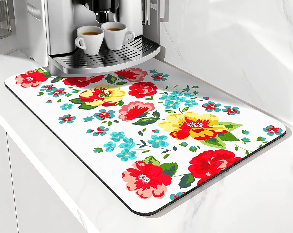 Coffee Bar Mat Accessories for Countertop Pioneer Flower Absorbent Hide Stain Rubber Backed Dish Drying Mats for Kitchen Counter Draining Pad Decor Gift Fit Under Coffee Maker (20x12in)
