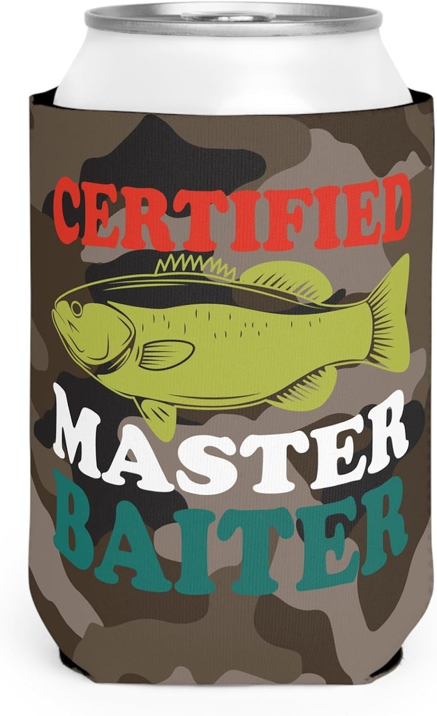 Certified Master Baiter Can Sleeve Funny Can Cooler Coolie - Gag Gift - White Elephant Gift - Beer Can Holder Sleeve - Soda Beer Caddie - Fishing Hunting