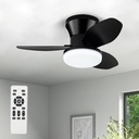 Small Ceiling Fan with Light - 26 Inch Flush Mount Ceiling Fan with Lights and Remote, Low Profile Ceiling Fans with 3 Reversible Blades, 6 Wind Speeds, Black Ceiling Fans for Bedroom