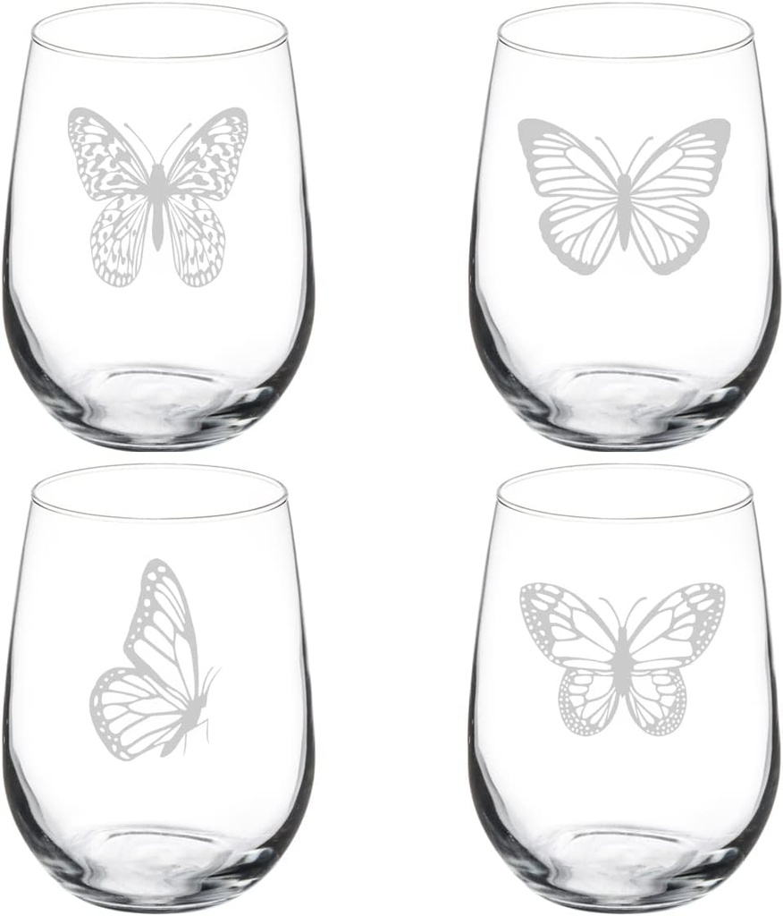 MIP Set of 4 Wine Glass Gift Goblet Butterfly Collection (17 oz Stemless)
