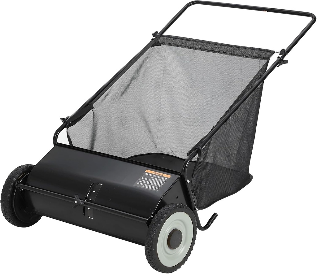 26-Inch Push Lawn Sweeper, 7 Cu. Ft. Hopper Capacity Leaf & Grass Collector with 4 Spinning Brushes, Adjustable Height, for Grass Clippings, Leaves & Debris, Black
