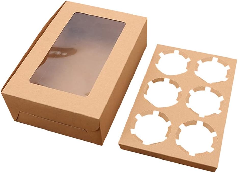 VALINK Cupcake Boxes, Cupcake Containers,2/4/6 Holes Kraft Paper Cupcake Packing Box Muffin Wedding Party Case Holder Box (10PCS)