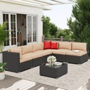 Oakcloud 7-Piece Outdoor Patio Furniture Sofa Set Black Rattan Wicker Sectional Conversation Sets with Glass Top Table and Cushions(Brown)