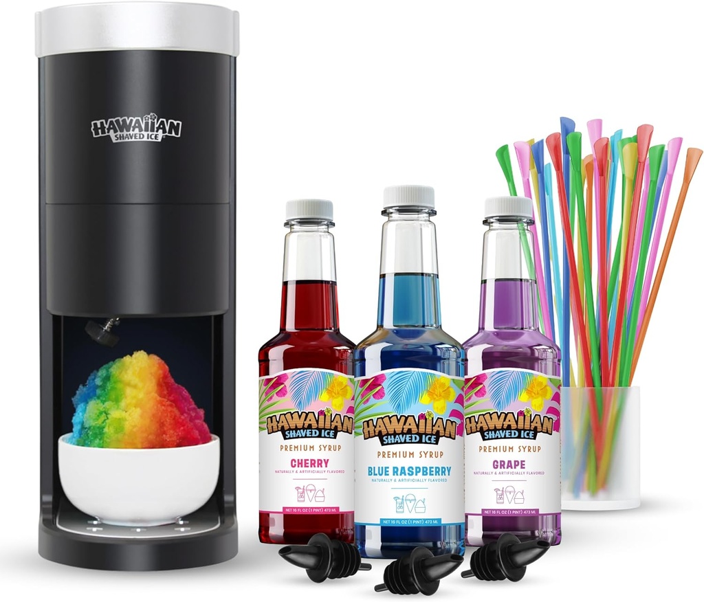 Hawaiian Shaved Ice HomePro Shaved Ice Machine Kit, 3-16oz. Syrup Flavors Cherry, Grape, Blue Raspberry, 50 spoon straws, 3 black pour spouts