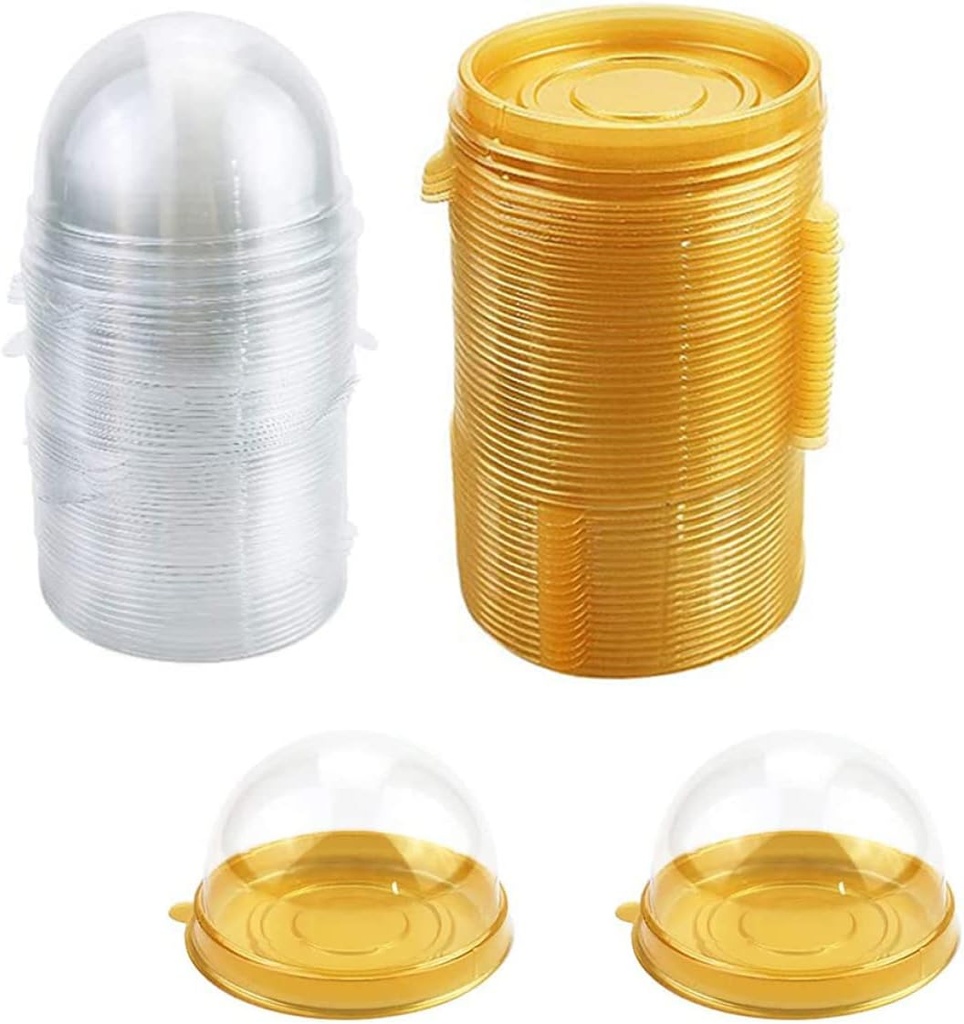 50PCS Mini Cake Container Mooncake Dome Box Mooncake Box, Muffin Pod Holder Transparent Plastic Single with Golden Base
