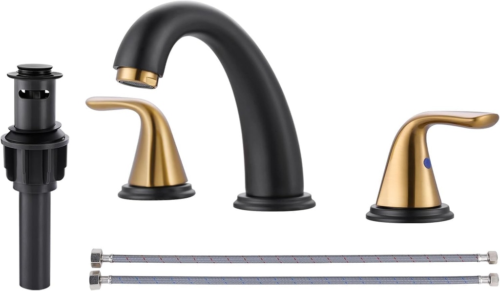 Aleasha Bathroom Sink Faucet 3 Holes Black Gold, Widespread Bathroom Faucet, Washroom Faucets with Pop Up Drain, Washroom Sink Faucets with 304 Stainless Steel Lead-Free Hose