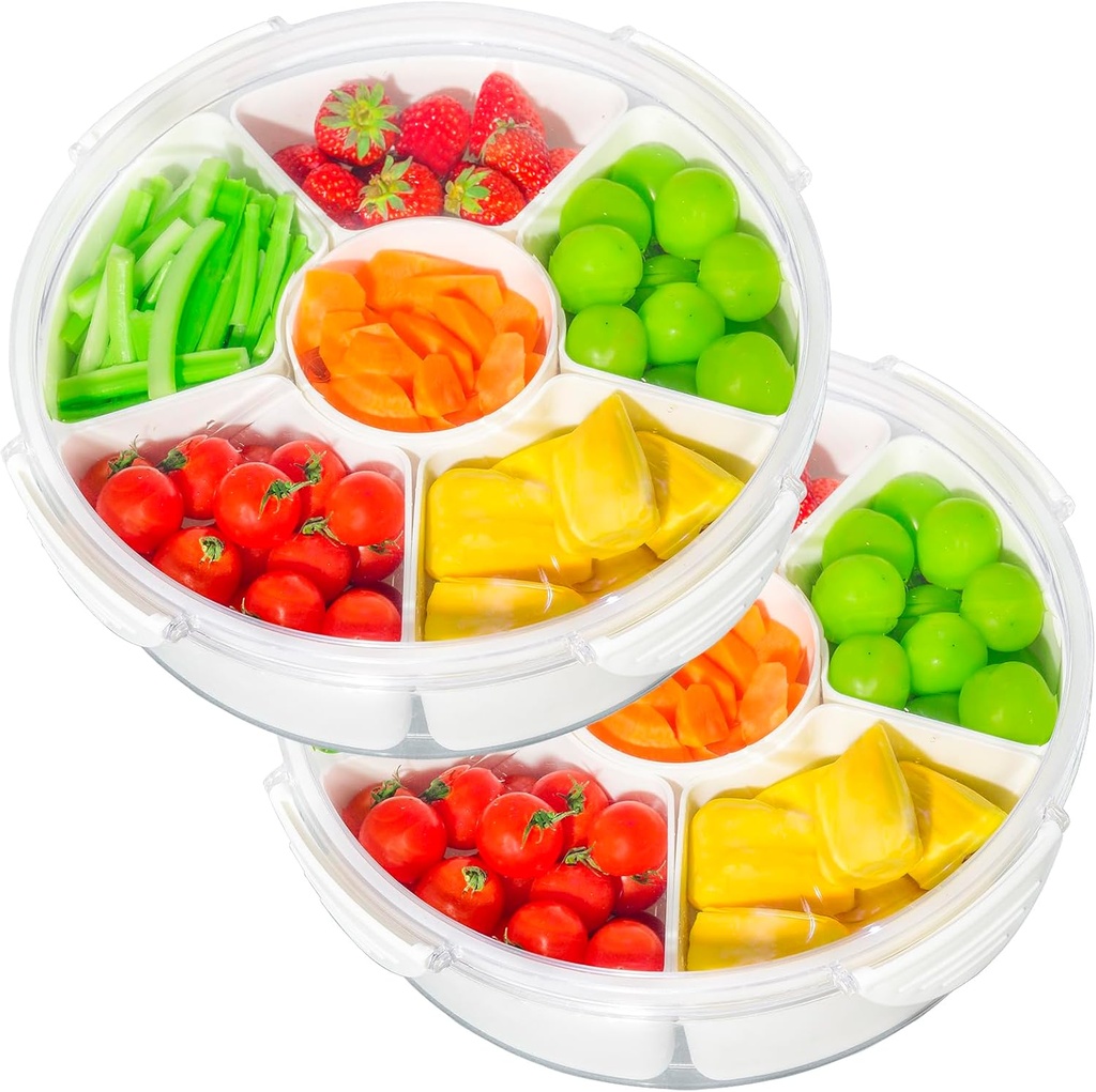 2 Pack Veggie Tray with Lid for Fridge, Clear Divided Serving Tray with Dip Snackle Box Container 6-Compartment Snack Storage for Party, Reusable Dinner Fruit Platter for Refrigerator Organizer Bins