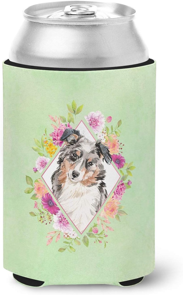 Caroline's Treasures CK4427CC Australian Shepherd Green Flowers Can or Bottle Hugger Cooler Washable Drink Sleeve Collapsible Beverage Insulated Holder, Can Hugger, Multicolor