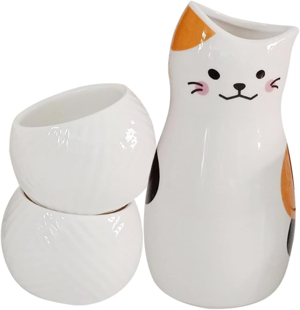 1Set Ceramic Sake with Fortune Cat Design Sake Pot and Sake Cups Traditional Japanese Sake Kettle for Home Decor and present for Cat Lovers and Special Occasions