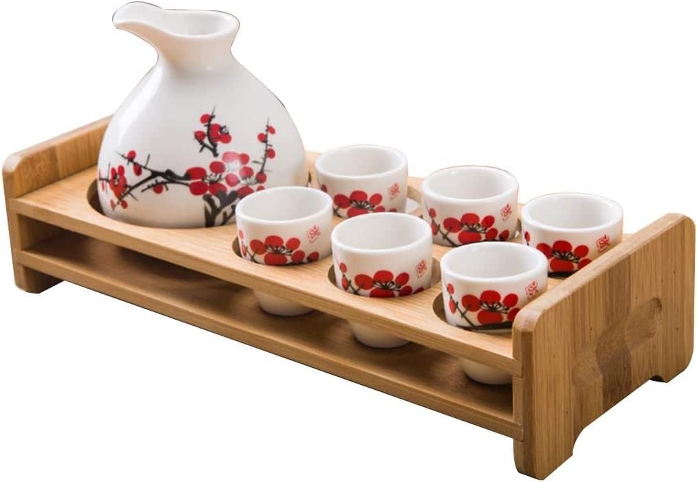 Sake Set Japanese with shelf 7Piece Sake Cup Set Traditional Porcelain Pottery Ceramic Cups Crafts Wine Glasses,E