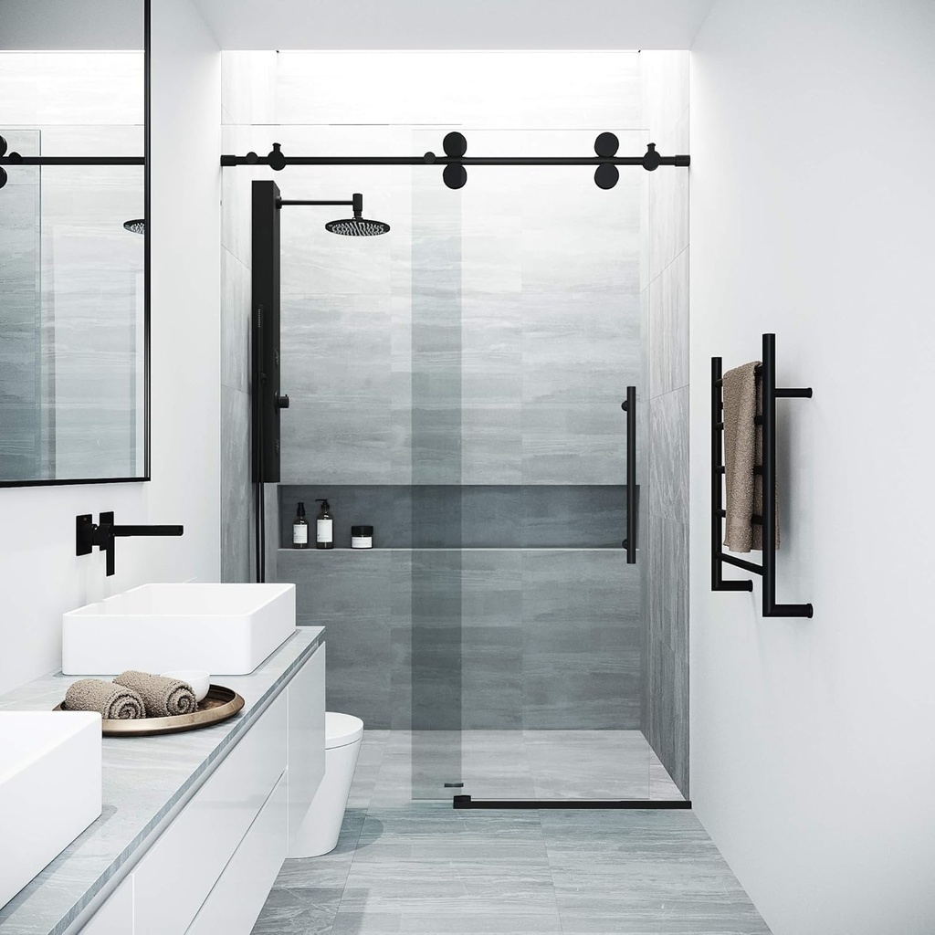 VIGO Elan 56 to 60 in. W x 74 in. H Frameless Sliding Shower Door in Matte Black with 3/8 in. (10 mm) Clear Glass-VG6041MBCL6074