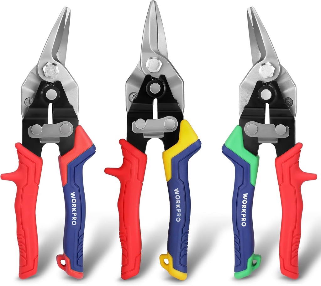 WORKPRO 3 Piece Aviation Tin Snips Set, 8 Inch Metal Cutter Shear for Left, Right and Straight Cut, Cr-V Blade, Ergonomic Handle with Hang Hole & Safety Latch