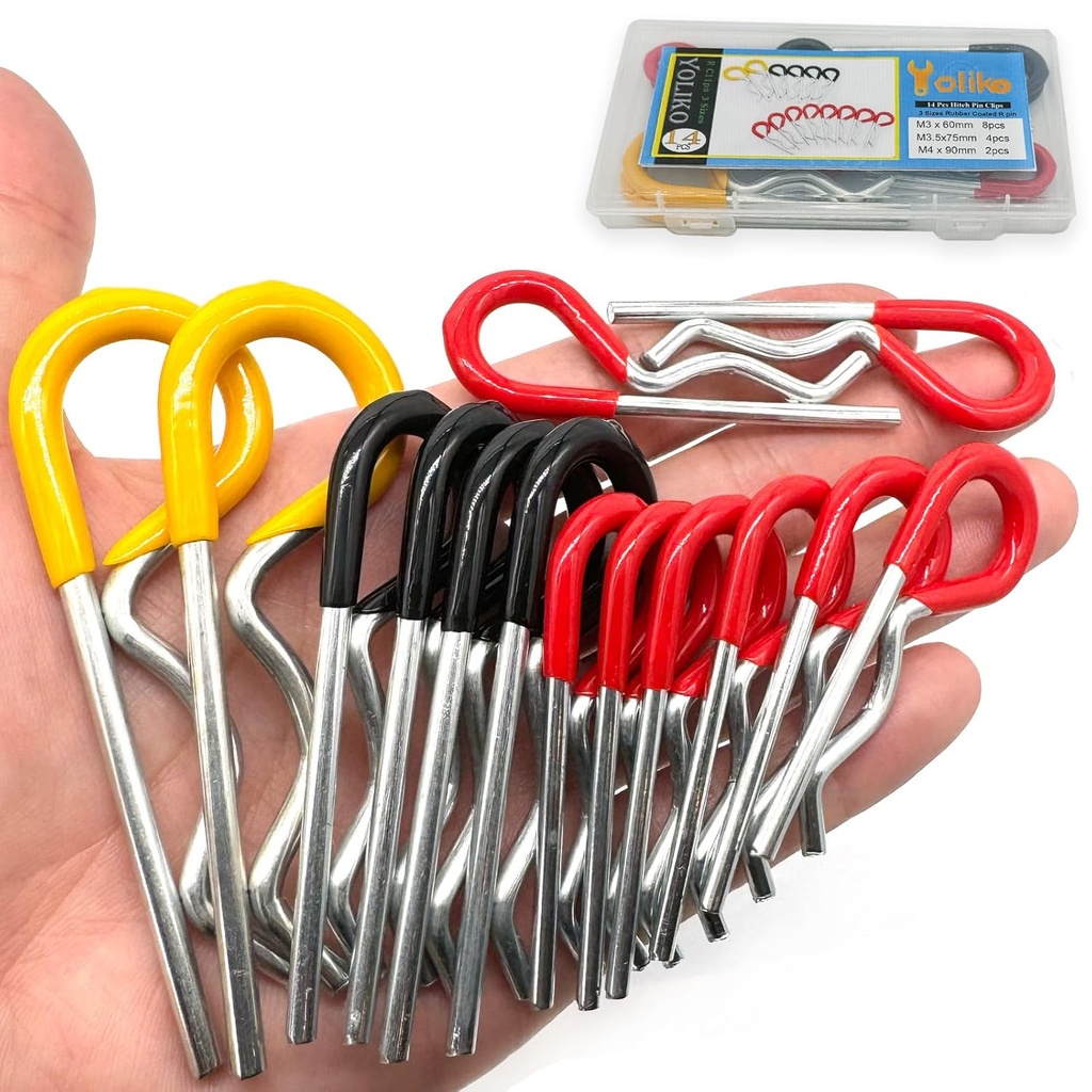 14Pcs Heavy Duty Hitch Pins Clip R Clips Spring Retaining Wire Hair Pins Cotter Pin Strong Spring Rubber-Coated Grip R Clip for Trailer Tractors Mower Carts Truck Pin Clip 3Sizes M3x60 M3.5x75 M4x90