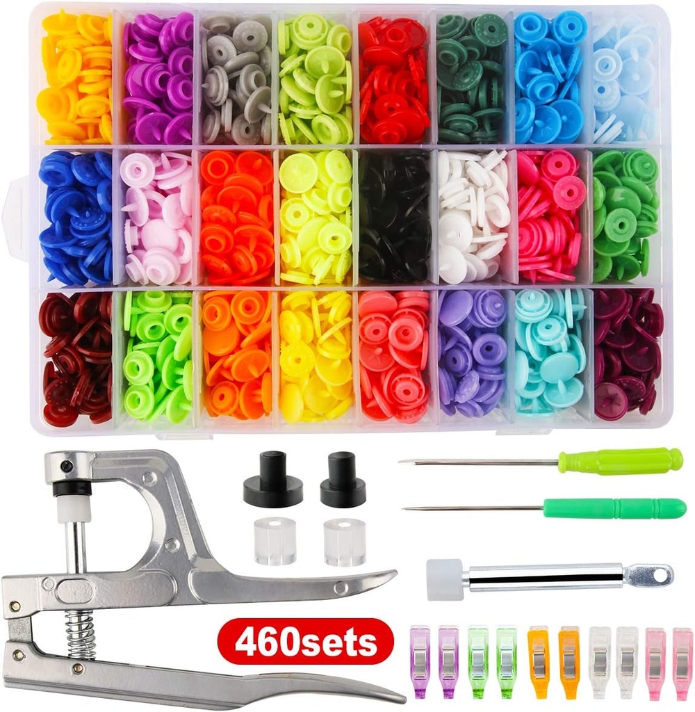 460 Sets 24Color Cenoz Snap Plastic Fasteners Button with Pliers Tool, T5 Resin Plastic Button Sewing Fasteners Punch Poppers No Sew Buttons for Cloth Craft Mama Pads