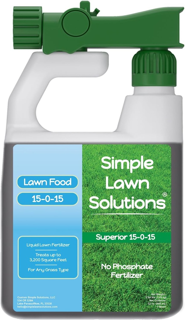 Superior 15-0-15 Liquid Lawn Fertilizer - Lawn Food for Growth & Green - Nitrogen, Potassium, Humic, Fish & Seaweed - Any Grass Type- Simple Lawn Solutions - All Season- Attached Sprayer (32 Ounce)