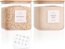 2 Pack Square Glass Flour and Sugar Containers with 132 Kitchen Pantry Labels - Thicken 85 FL OZ Large Glass Storage Jars with Airtight Bamboo Lid - Big Food Canisters for Cookies, Candy, Tea, Coffee