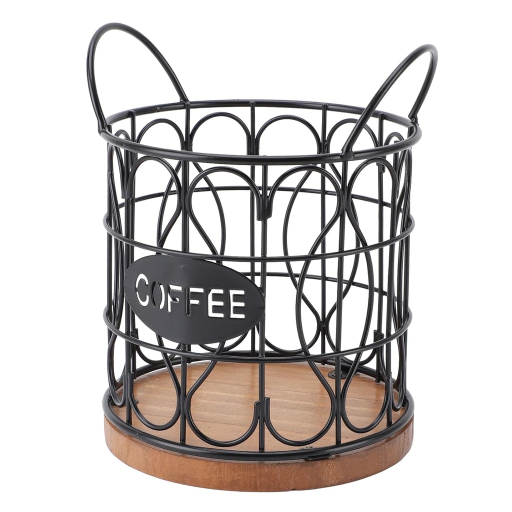 Coffee Pod Basket, Decorative Round Wire Coffee Capsule Holder with Wooden Base, Round Coffee Basket Decor Rustic Coffee Pod Holder for Cafe Kitchen Countertop (Black)