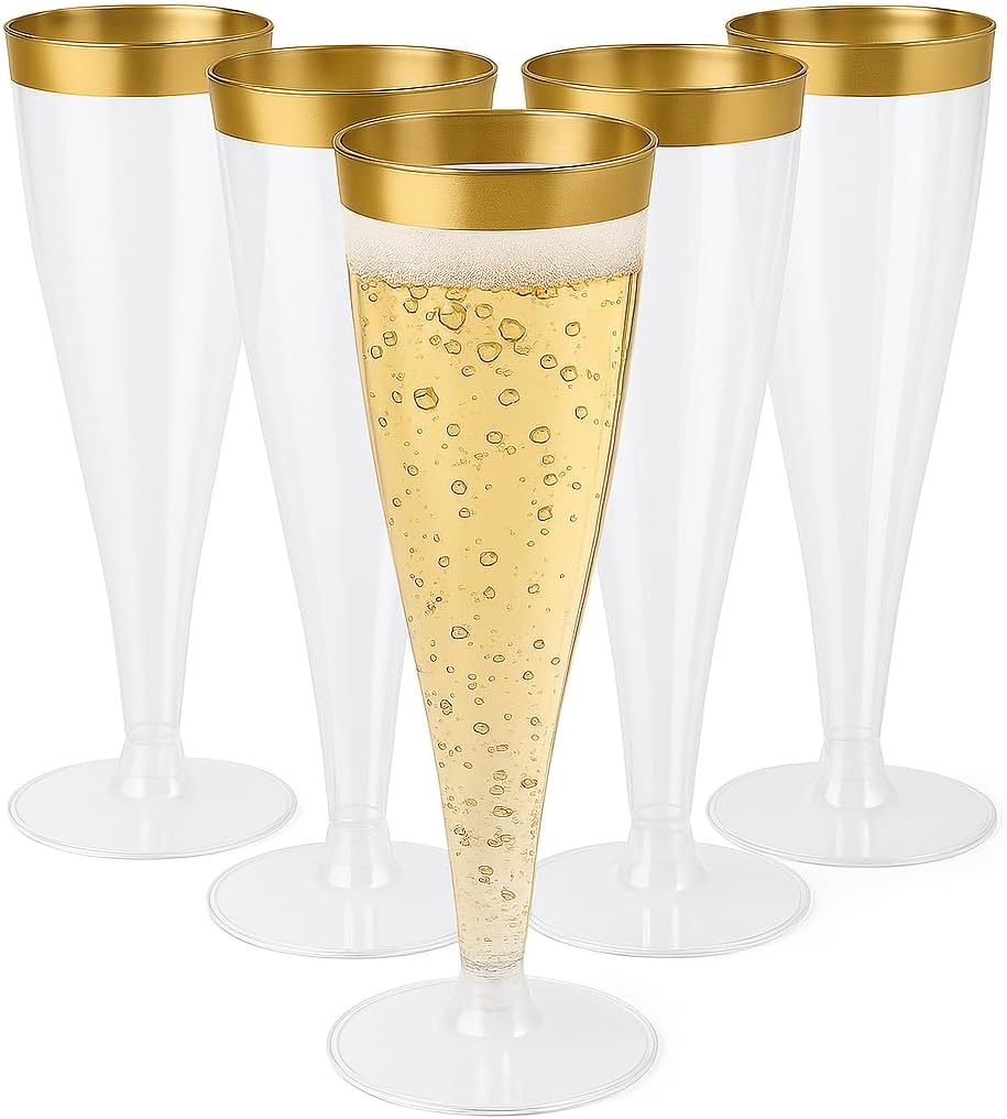 Oojami 50 Plastic Classic Champagne Disposable Flutes for Parties Plastic cups Wedding Party Toasting Cocktail Mimosa Cups Bulk Party Pack New Years EveSupplies (Gold Rim)
