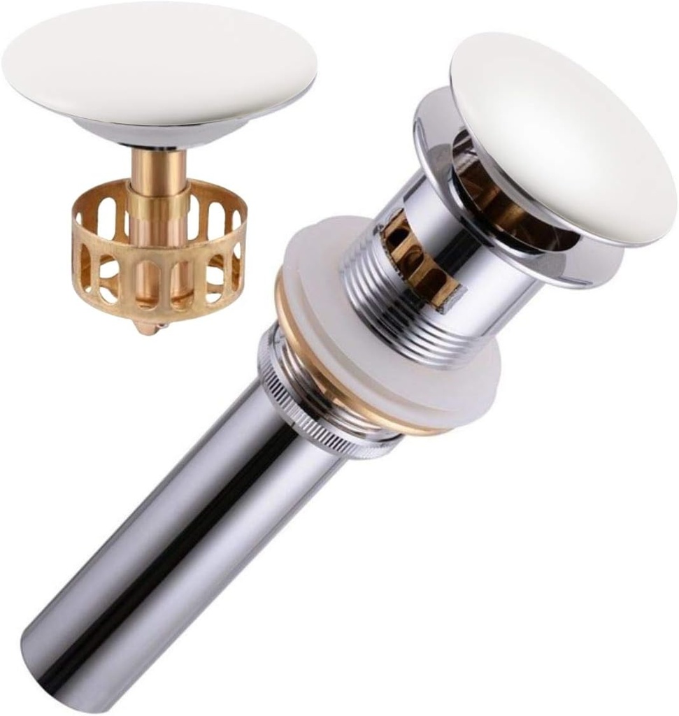 Kingsman Bathroom Sink Overflow Pop Up Drain Stopper with Removable Brass Strainer Basket, Anti clogging Sink Drain (Ceramic (Pure White))