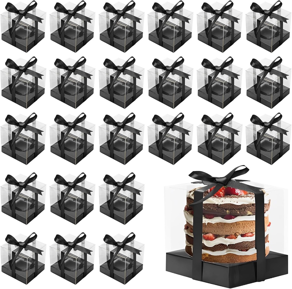 24Pcs Cupcake Boxes Clear Plastic Single Cupcake Containers Foldable Single Cupcake Holders with Inserts and Ribbon Portable Multipurpose Cupcake Carrier for Cake Dessert 9x9x9cm
