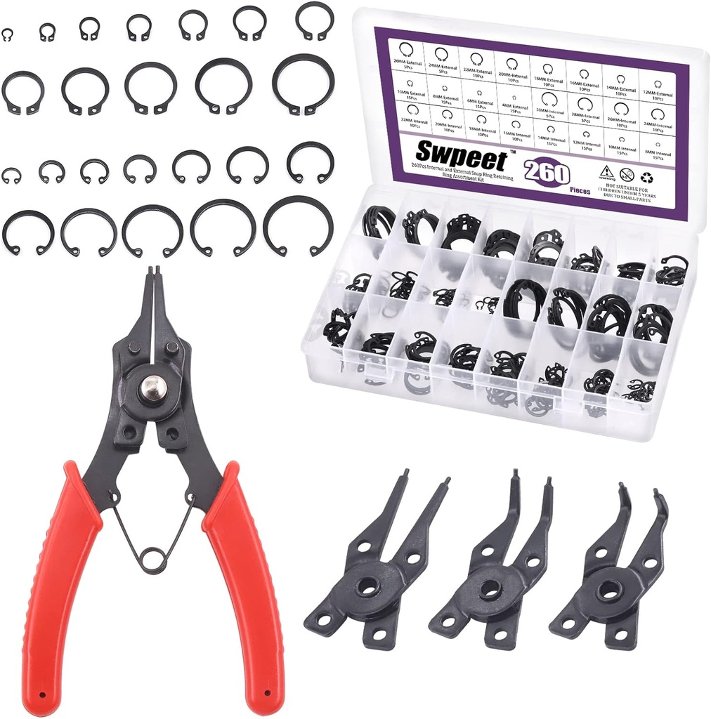 Swpeet 262Pcs 4 in 1 Snap Ring Pliers with 6 Sizes 4mm to 30mm Alloy Steel External Retaining Rings Internal Circlip Snap Retaining Clip Ring Assortment Kit for Pin Clips Internal External Repair