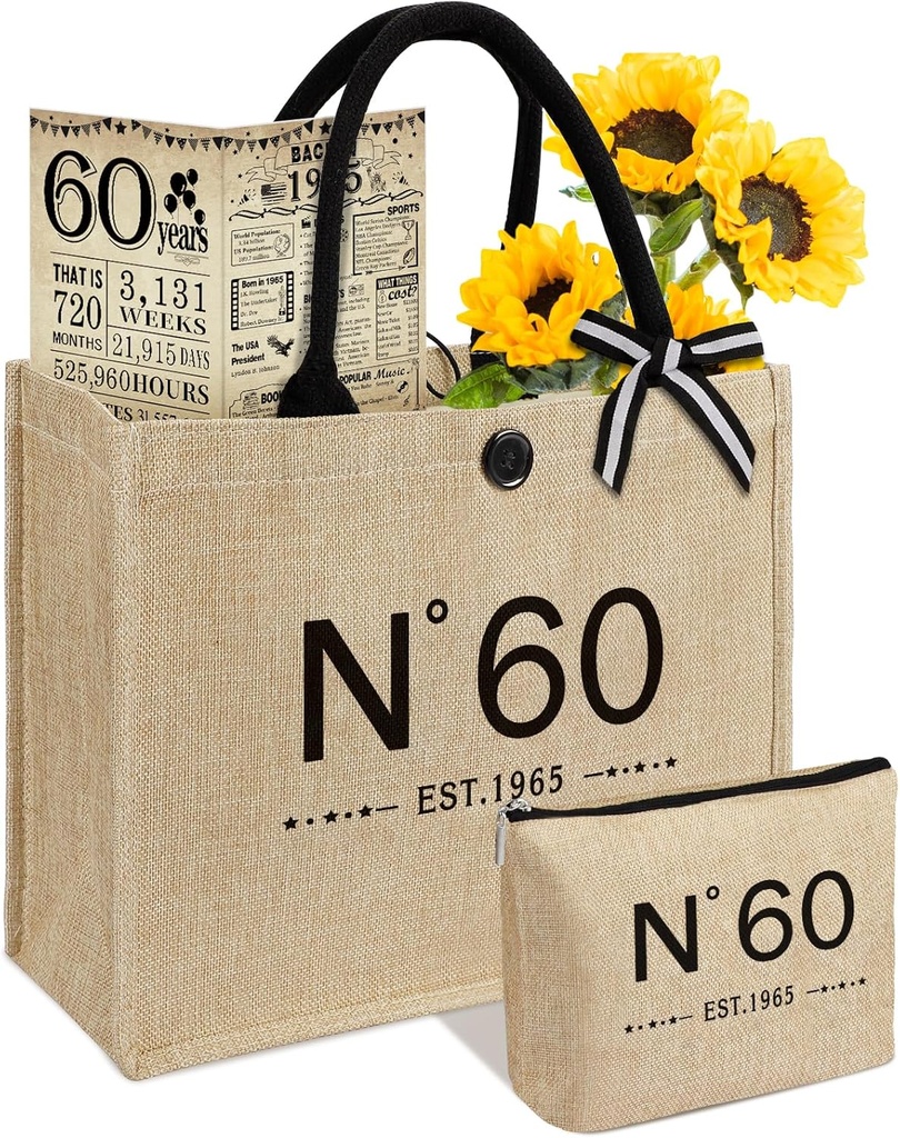 YeohJoy 60th Birthday Gifts for Women Jute Tote Bag, Vintage N°60 Burlap Handbag with Cosmetic Bag and Back in 1965 Poster, Unique 60 Years Old Gifts for Mom Friends Wife Sister Her