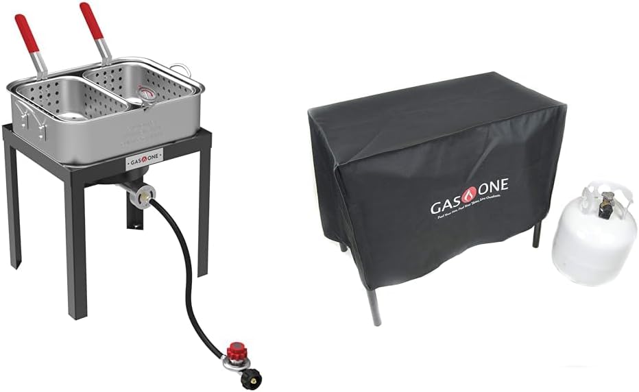 Gas One 18Qt Double Fryer Bundle with 2 Baskets Propane Burners, Thermometer and Weather Resistant Patio Cover for Double Burners