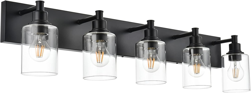 TODOLUZ Black Bathroom Light Fixtures Over Mirror, Modern 5-Lights Wall Sconce Lighting with Clear Glass Shade for Vanity Living Room (E26 Bulb Base)