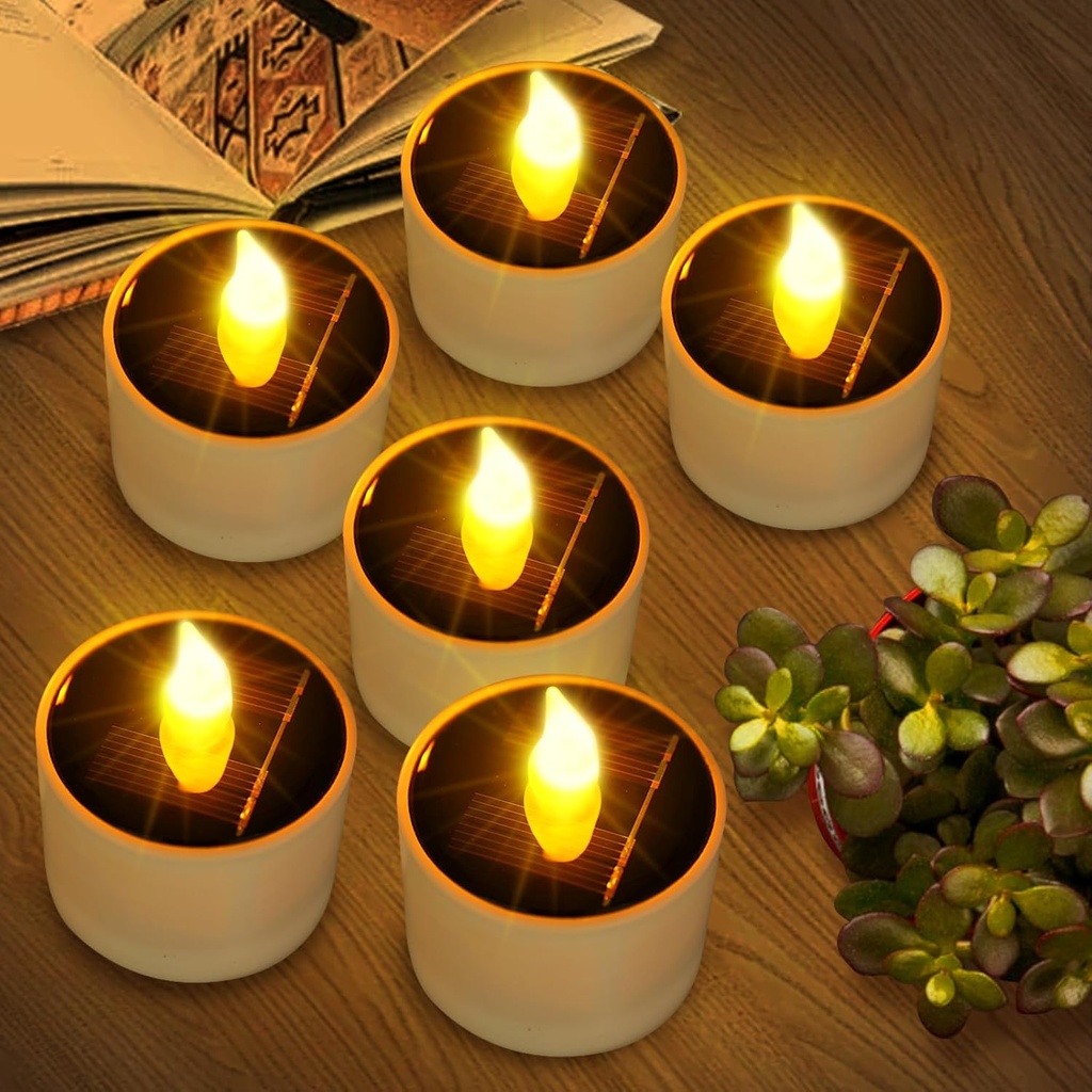 Solar Tea Lights Outdoor Waterproof - 6 Pack Flameless Flickering Solar Candles Reusable LED Tea Light Candles Rechargeable Dusk to Dawn Lighting for Lanterns Garden Camping Home Decor, 2.3''x2.1''