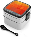 Adult Double-Layer Bento Box Orange And Gray Abstract Portable Lunch Box with Spoon And Invisible Handle Leakproof Microwave-Safe Food Container for Work Travel Camping