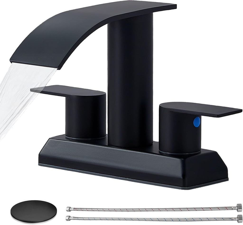 IKEBANA Modern 2 Handle Waterfall Bathroom Faucet, Matte Black, Stainless Steel, Lead-Free, 4 inches Centerset, Includes Pop Up Drain and Supply Hoses