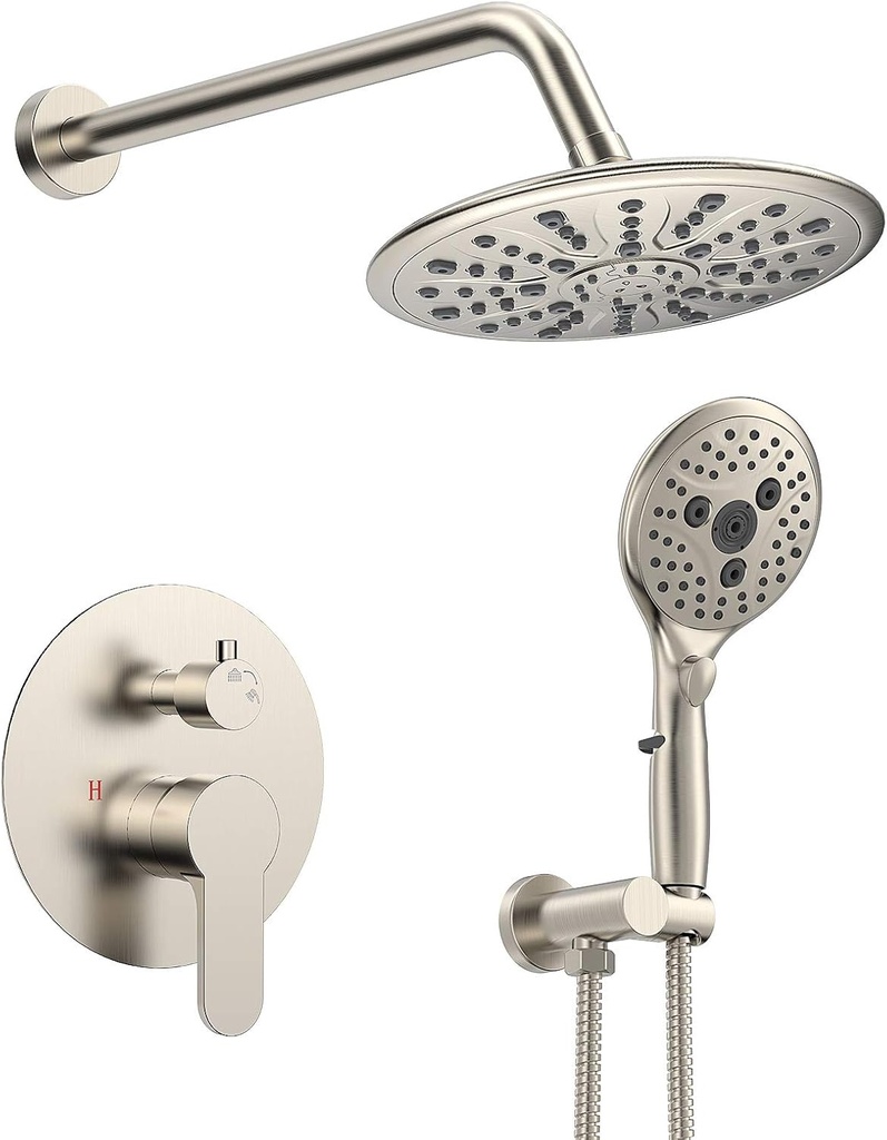 SunCleanse Shower System, Bathroom Rainfall Shower Faucet Set Complete with 7-Setting Handheld Shower Head Combo, Included Rough in Valve and Trim Kit, Brushed Nickel