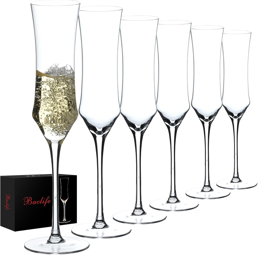 Champagne Flutes Set of 6 - Hand Blown Crystal Champagne Glasses With Long Stem - 7 oz Elegant Sparkling Wine Stemware - Unique Gift for Birthday,Wedding,Mother's Day,Housewarming