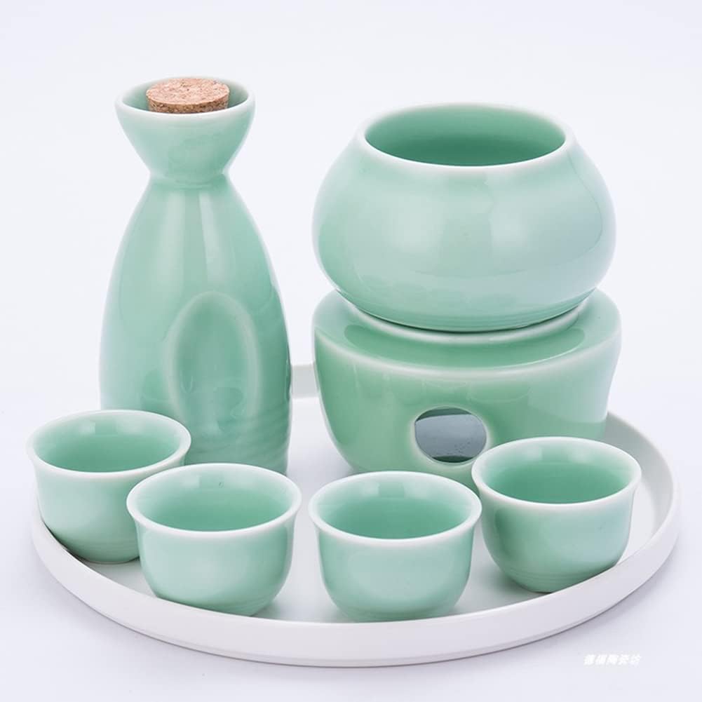 Refineness Sake Set, Ceramic 1 Stovetop 1 Warming Bowl 1 Sake 4 Cups and 1 Tray Wine Pot Set Vintage Ceramic Sake Warmer Jug/Blue/One Size Warmer(Green)